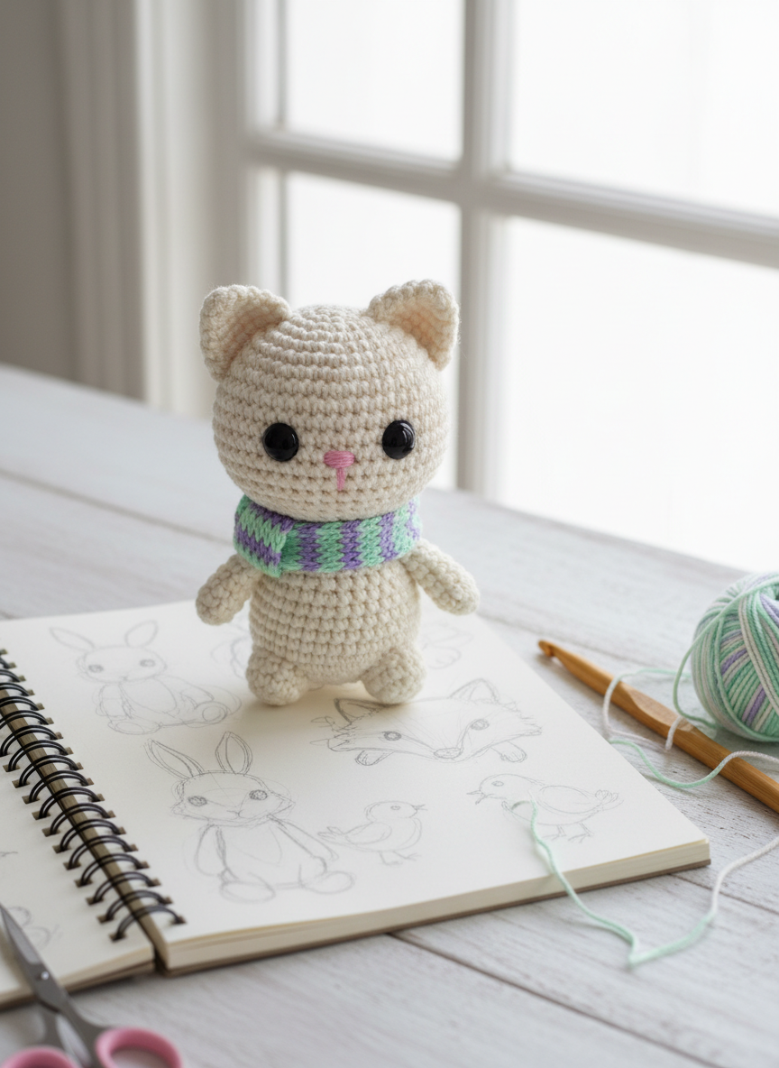 A single palm-sized crocheted amigurumi cat in soft cream yarn with pink nose, oversized safety eyes, and a striped mint and lavender scarf, sitting on an open notebook filled with faint pencil sketches of other critter designs. Beside it lies a bamboo crochet hook and a small ball of matching yarn, with a pair of tiny embroidery scissors peeking into the frame. The scene rests on a whitewashed wooden table near a bright window, bathed in airy, natural light that creates delicate highlights on the yarn texture. Captured from a slightly elevated angle in photographic realism, the composition follows the rule of thirds, with a calm, playful atmosphere that suggests creativity in progress and encourages pattern planning.