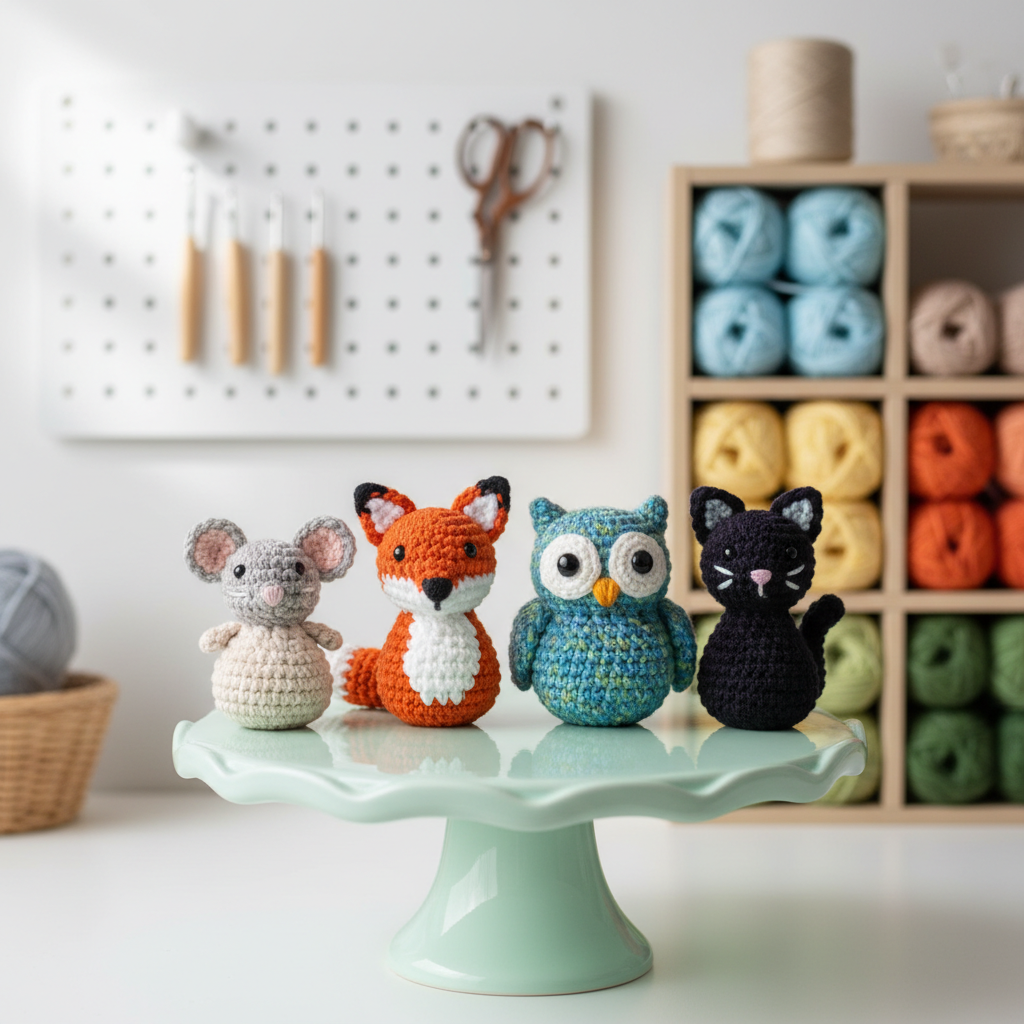 An adorable lineup of miniature amigurumi critters—mouse, fox, owl, and cat—standing on a pale mint cake stand used as a whimsical display pedestal. Each character is stitched in different yarn weights and colors, from soft heathered grays to bright pumpkin orange, showing off varied textures and design styles. The background features a light, airy crochet corner with a pegboard holding neatly hung hooks and scissors, and cubby shelves filled with color-coordinated yarn. Soft studio lighting evenly illuminates the scene, preventing harsh shadows while preserving the three-dimensional form of each toy. Photographed with a slightly elevated angle and a shallow depth of field in clean photographic realism, the mood is playful, curated, and inspiring—perfect for a blog post about amigurumi gift sets or favorites.