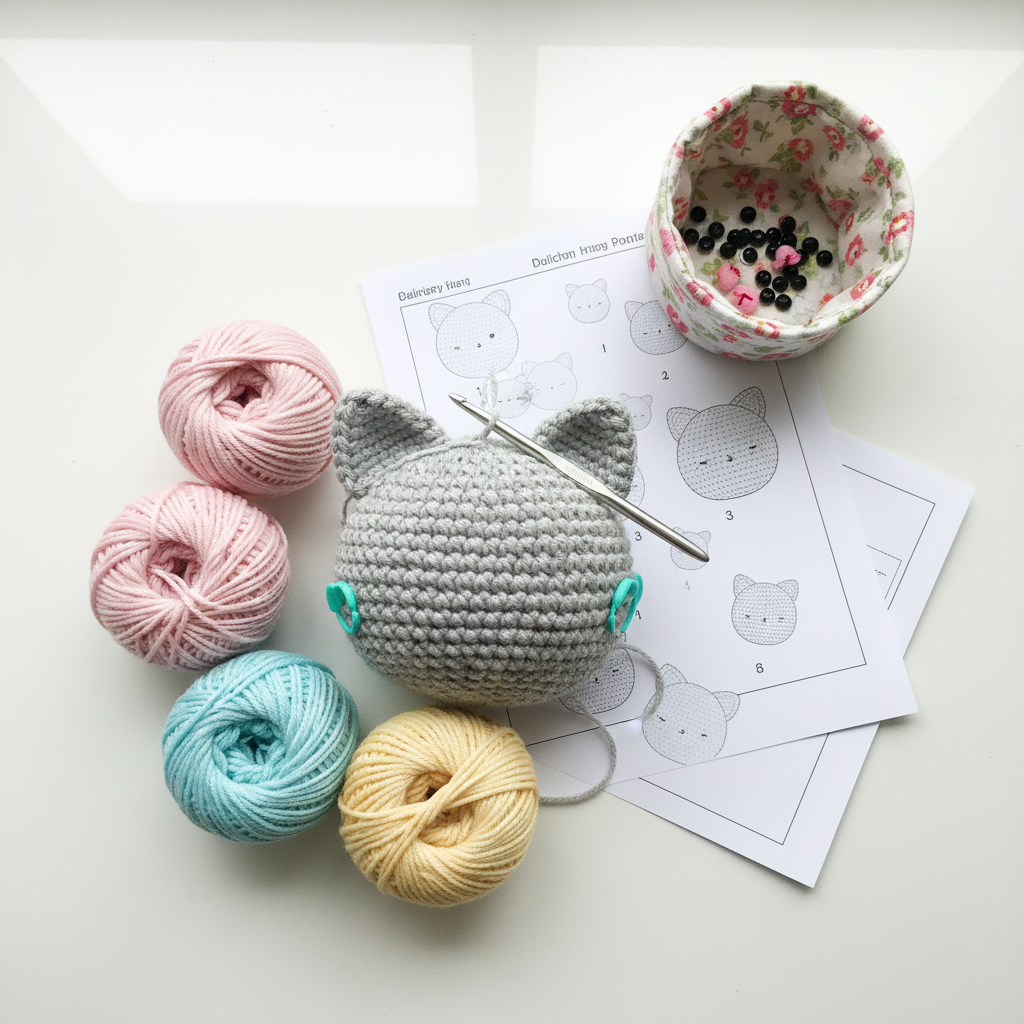 A cozy flat lay of a crochet workspace centered around an in-progress amigurumi kitten body made from soft heathered gray yarn, with stitch markers clipped along its side and a hook inserted mid-stitch. Surrounding it are neatly wound balls of pastel pink, sky blue, and butter yellow yarn, a printed pattern page with clear black-and-white diagrams, and a small fabric basket filled with safety eyes and tiny felt noses. The white tabletop reflects diffused overcast daylight from above, giving a bright but gentle look with minimal harsh shadows. Shot from a true overhead bird’s-eye view in sharp photographic realism, the scene feels organized yet playful, emphasizing details of the craft and inviting viewers into the process step by step.
