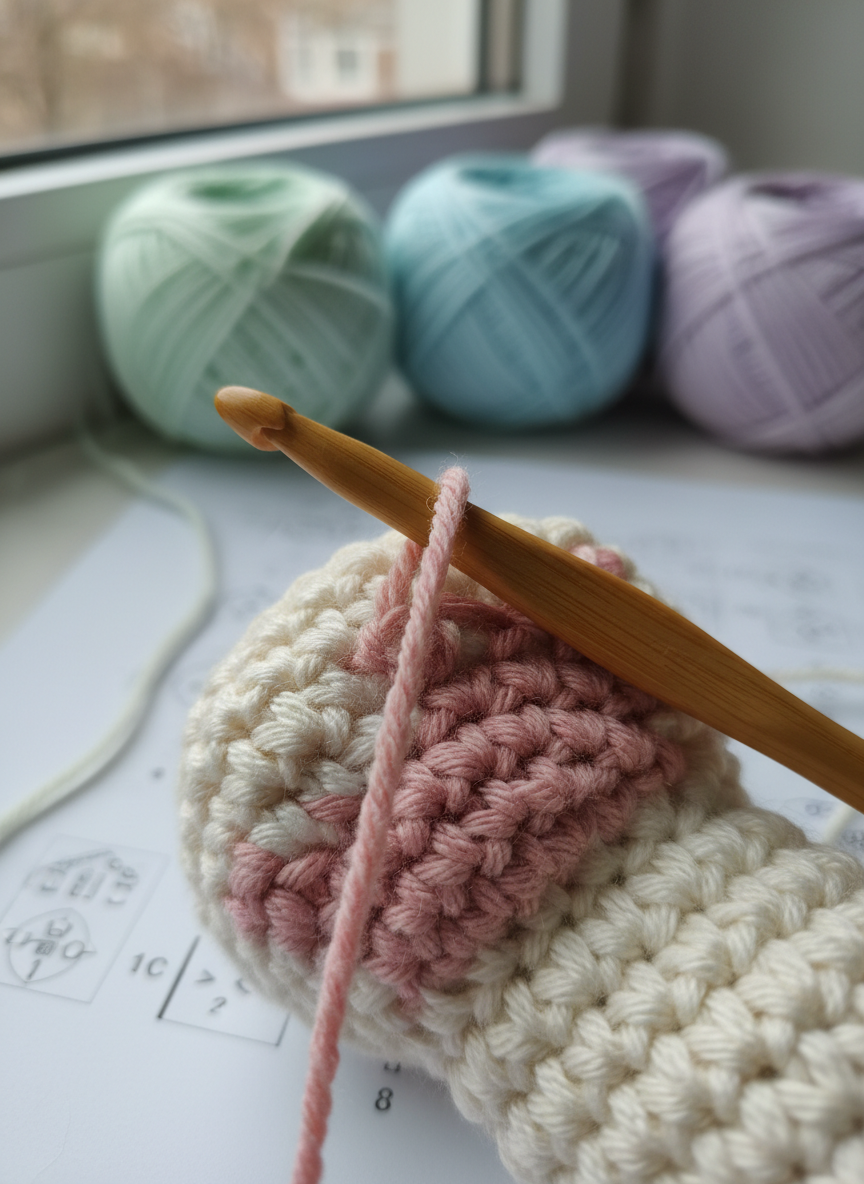 A close-up, macro-style photograph of a crocheted cat paw being stitched, showing a bamboo crochet hook pulling a loop of blush-pink yarn through tightly formed stitches in soft cream cotton. The visible stitch definition, tiny increases, and shaping details are crystal clear, while a blurred background of pastel yarn cakes and a pattern chart gives context without distraction. Cool, diffused daylight from a nearby window highlights the yarn’s gentle sheen and creates a calm, focused atmosphere. The composition centers on the hook and active stitch with an extremely shallow depth of field, emphasizing technique and texture. Rendered in highly detailed photographic realism, the image feels intimate and instructional, ideal for illustrating a crochet tutorial about shaping small amigurumi parts.