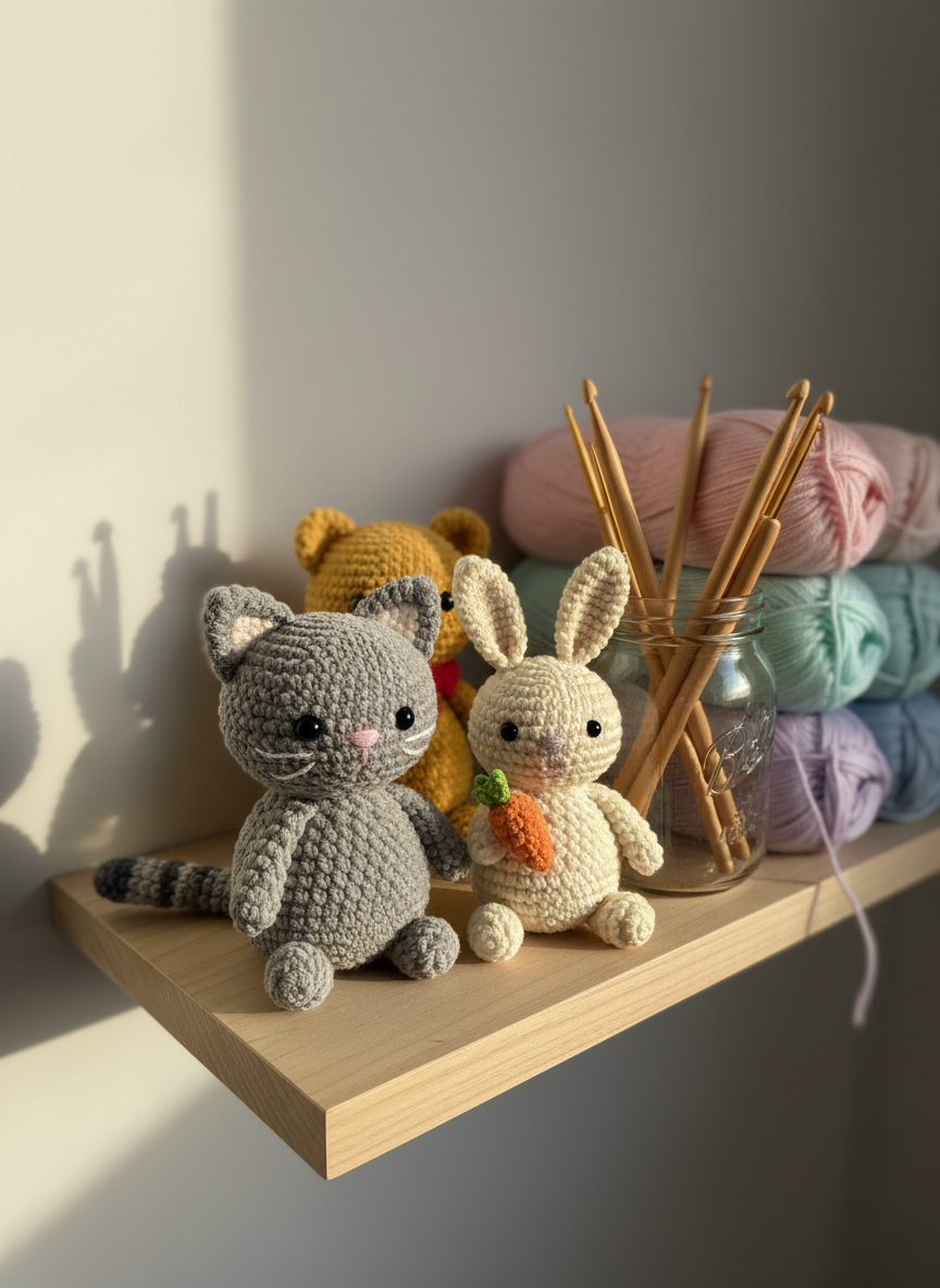 A small group of meticulously crocheted amigurumi critters arranged on a light birch wood shelf, featuring a soft gray tabby cat, a plump cream-colored bunny, and a tiny mustard-yellow bear, each with visible stitch texture and carefully embroidered faces. Behind them, neatly stacked pastel yarn skeins and a mason jar filled with wooden crochet hooks add context. Soft morning daylight from an unseen window washes the scene in gentle, diffused brightness, creating subtle shadows and a cozy, inviting mood. Photographed at eye level with a shallow depth of field, the front cat plush is crisply in focus while the background softly blurs, giving a clean, photographic realism that feels playful and modern, perfect for a crochet blog homepage hero image.