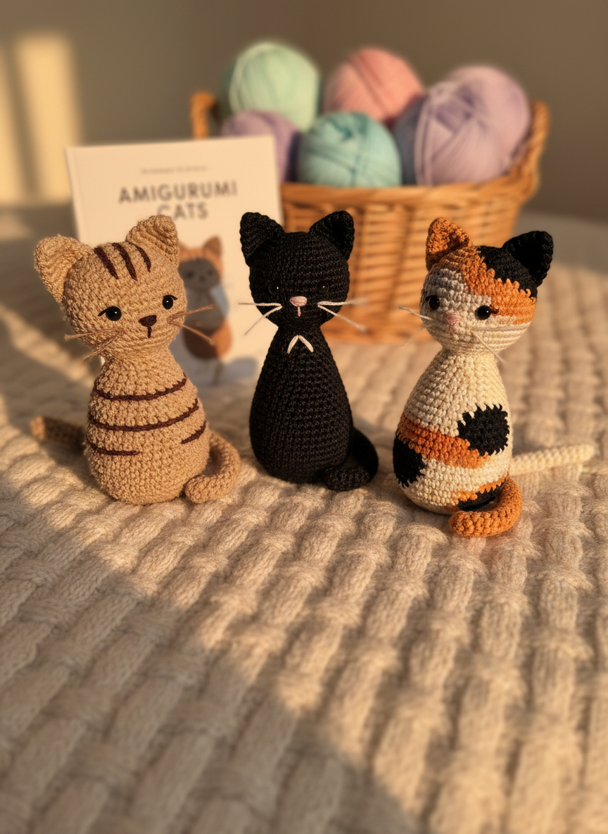 A playful scene of three finished amigurumi cats posed together on a soft, knitted cream blanket: one sleek black cat with a tiny white chest patch, one calico with carefully color-blocked patches, and one fluffy-looking tabby with exaggerated stripes. Each has distinct embroidered whiskers and tiny crocheted tails curled toward each other as if in conversation. In the softly blurred background, a wicker basket overflowing with pastel yarn and a partially visible pattern booklet hint at a creative corner. Warm golden-hour light streams from the side, casting cozy, elongated shadows and gentle highlights on the yarn fibers. Captured at a low, eye-level angle in vibrant photographic realism, the mood is warm, whimsical, and full of personality, ideal for showcasing variety in cat-themed patterns.
